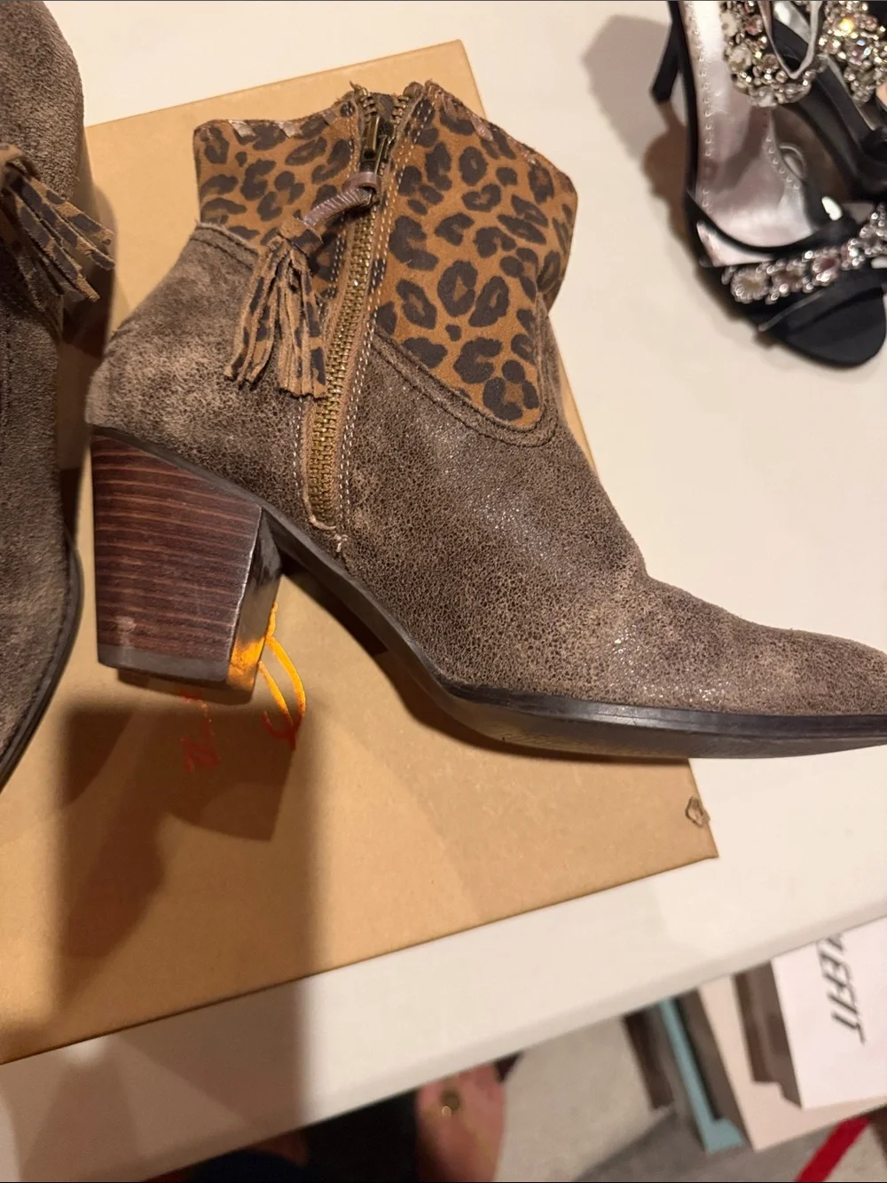 Women’s Taupe Suede Ankle Boots with Leopard Cuff